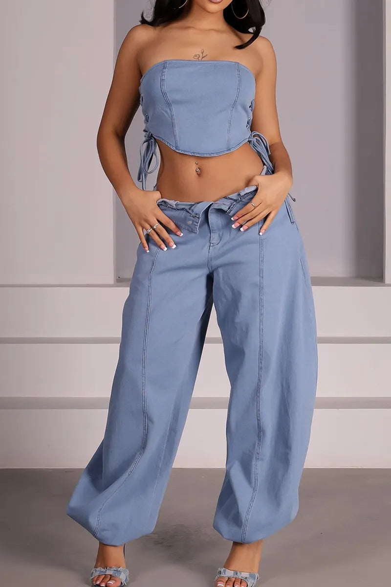 Women's Sleeveless Collar Zip Front Elastic Hem Denim Crop Top Or High Waist Gathered Wide Leg Pants