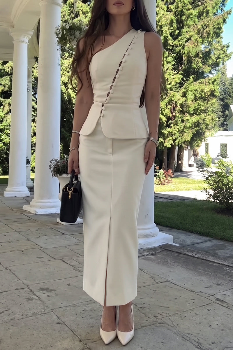 Women's Elegant One-Shoulder Button Vest Straight Skirt Two-Piece Set