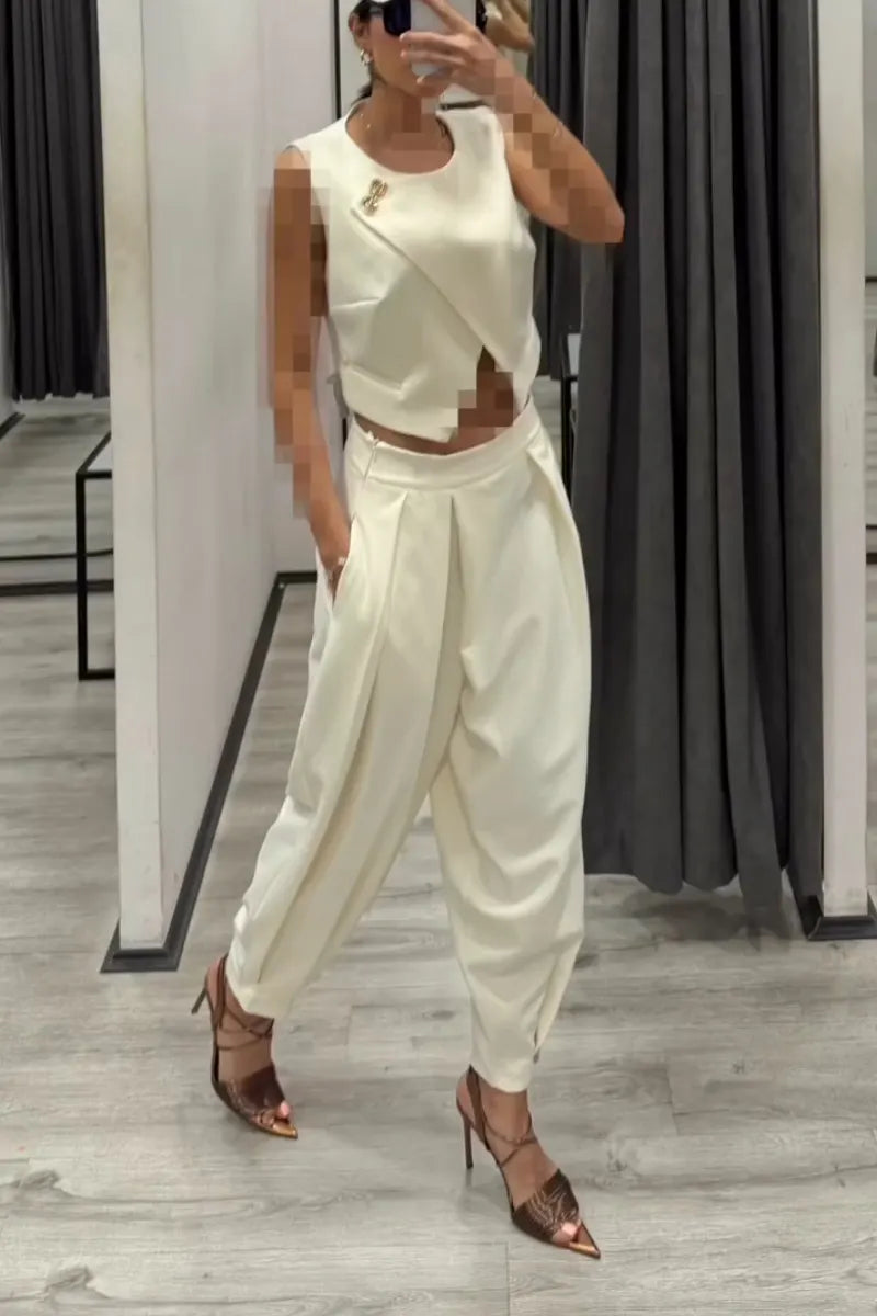 Women Round Neck Patchwork Sleeveless Top+ Pants Casual Suit