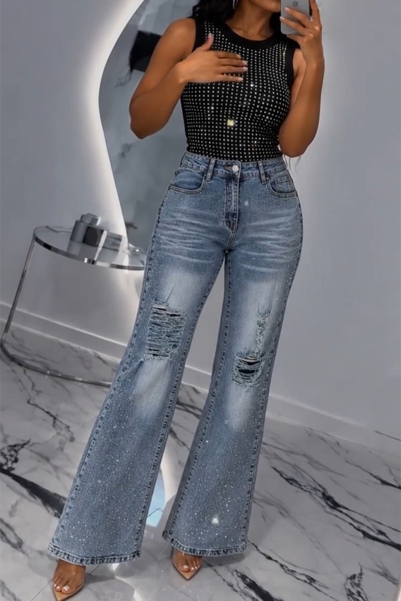 Women's Casual Rhinestone Vest or Washed Ripped Jeans