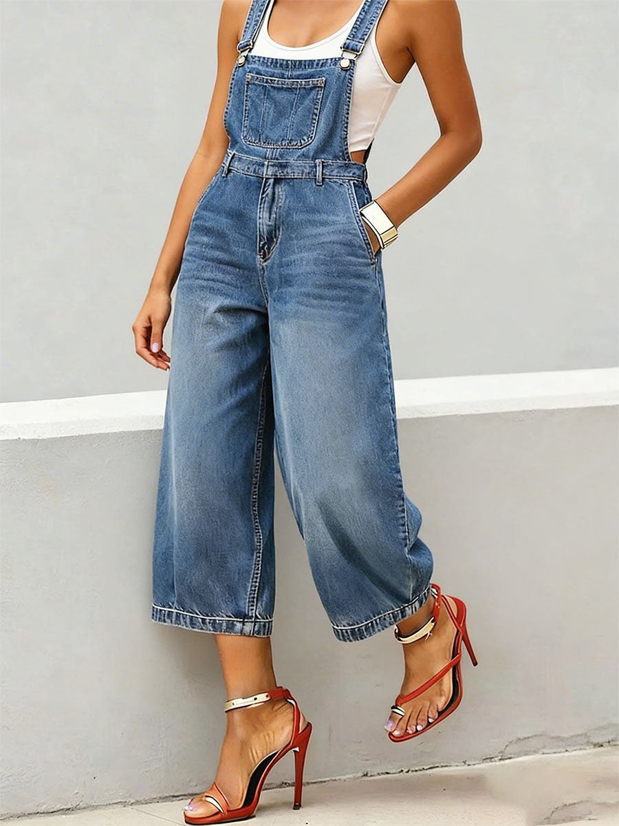 Women's Simple & Casual Denim Jumpsuit With Straps