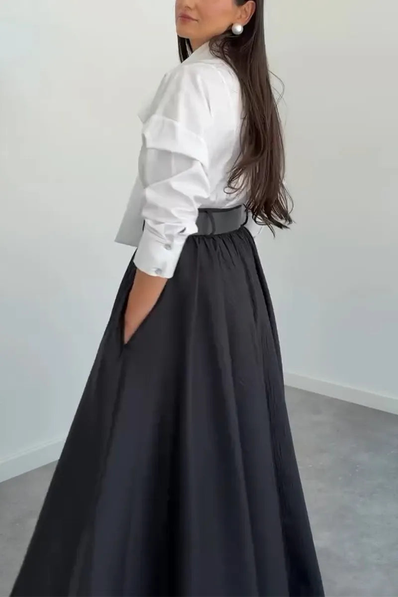 Women's Collar Patchwork Shirt or Solid Color Skirt