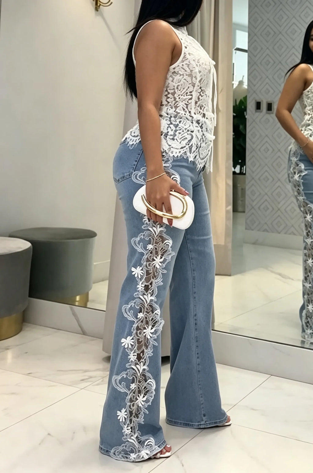 Women's Fashion Lace Button Vest or Side Lace Patchwork Jeans