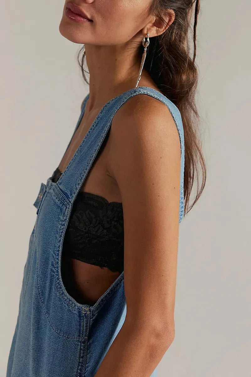 Women's Light Wash Square Neck Adjustable Strap Rolled Cuff Loose Fit Denim Short Overalls Bib Jumpsuit