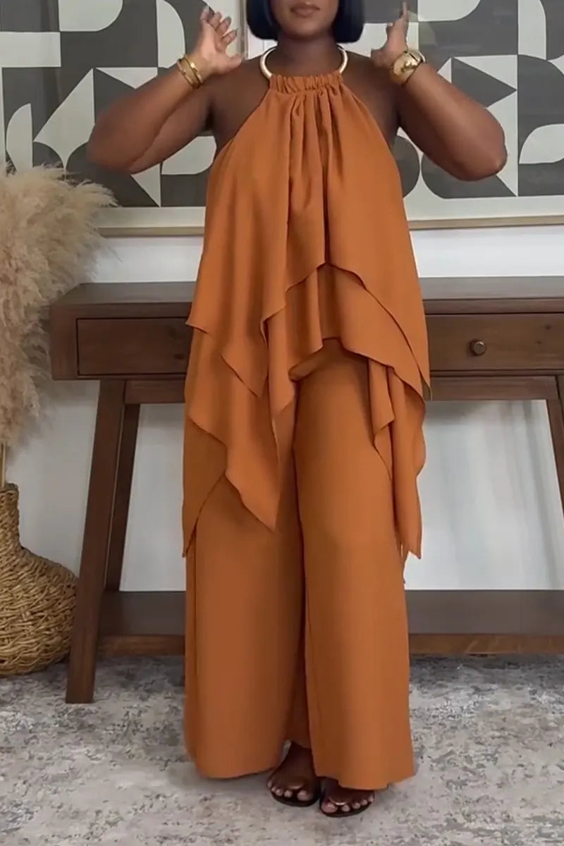 Women's Casual Layered Flounce Backless Jumpsuit