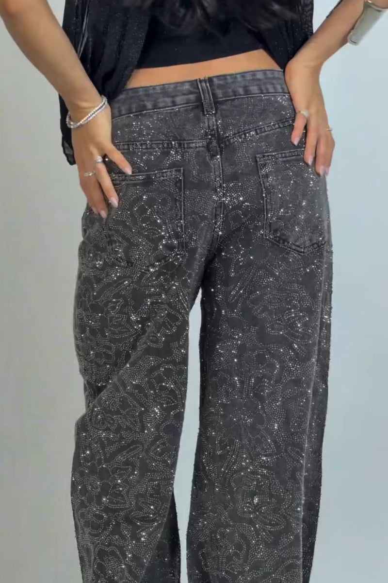 Women's Pattern Hot Pressed Diamond Casual Wide Leg Jeans