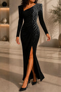 Glamorous One Shoulder Rhinestone Hotfix Long Sleeve Bodycon High Slit Maxi Dress