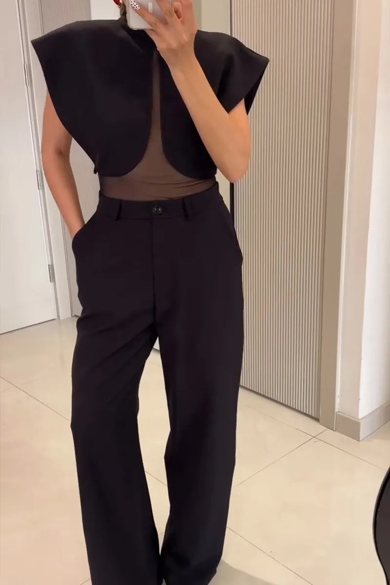 Women's Fashion Mesh Patchwork Wide Shoulder Vest Pants Two-Piece Set
