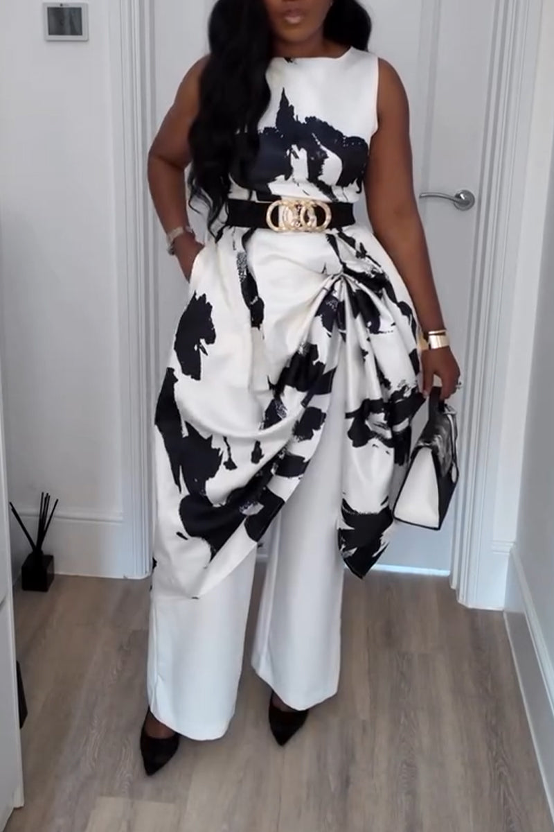 Women's Round Neck Printed Sleeveless Dress or Casual Wide Leg Pants