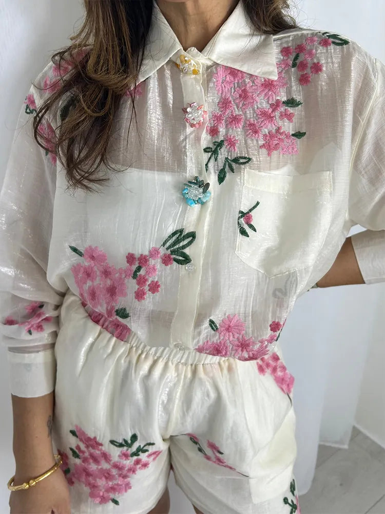 Women Collar Embroidered Flower Top+ Pants Casual Set