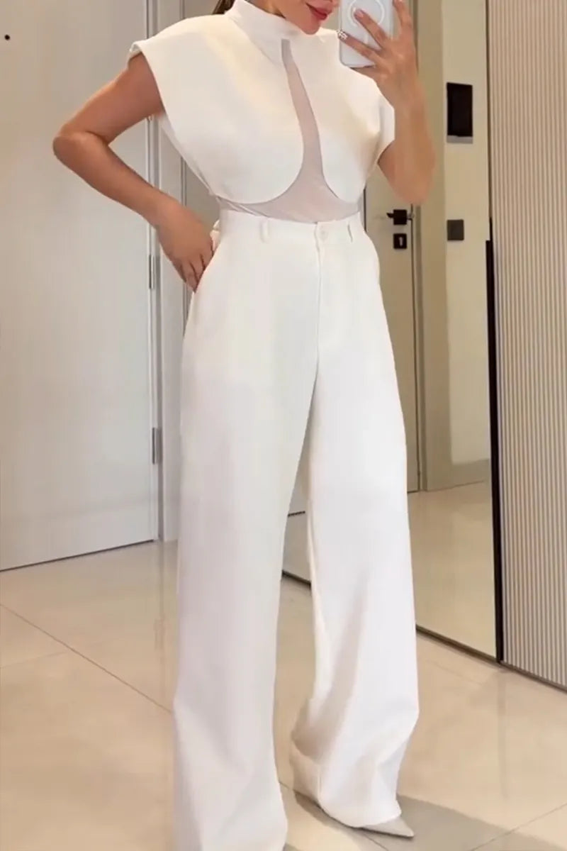 Women's Fashion Mesh Patchwork Wide Shoulder Vest Pants Two-Piece Set