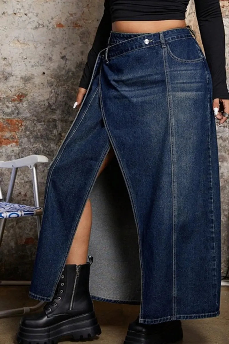 Ladies' Casual Dark Washed High Waisted Lace Up Denim Skirt, Long Skirt