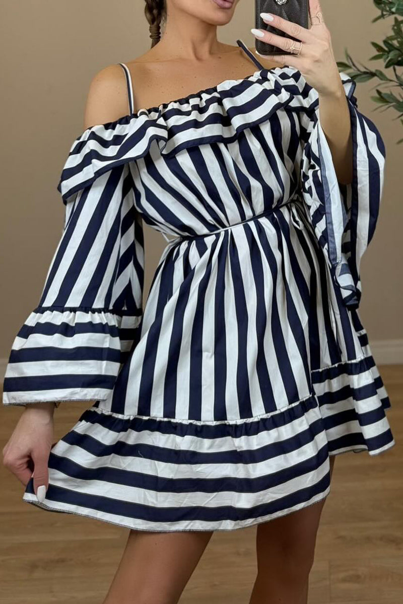 Women Off Shoulder Patchwork Vertical Casual Dress