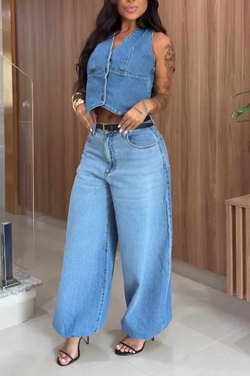 Women's V-neck Patchwork Denim Vest + Washed Denim Jeans