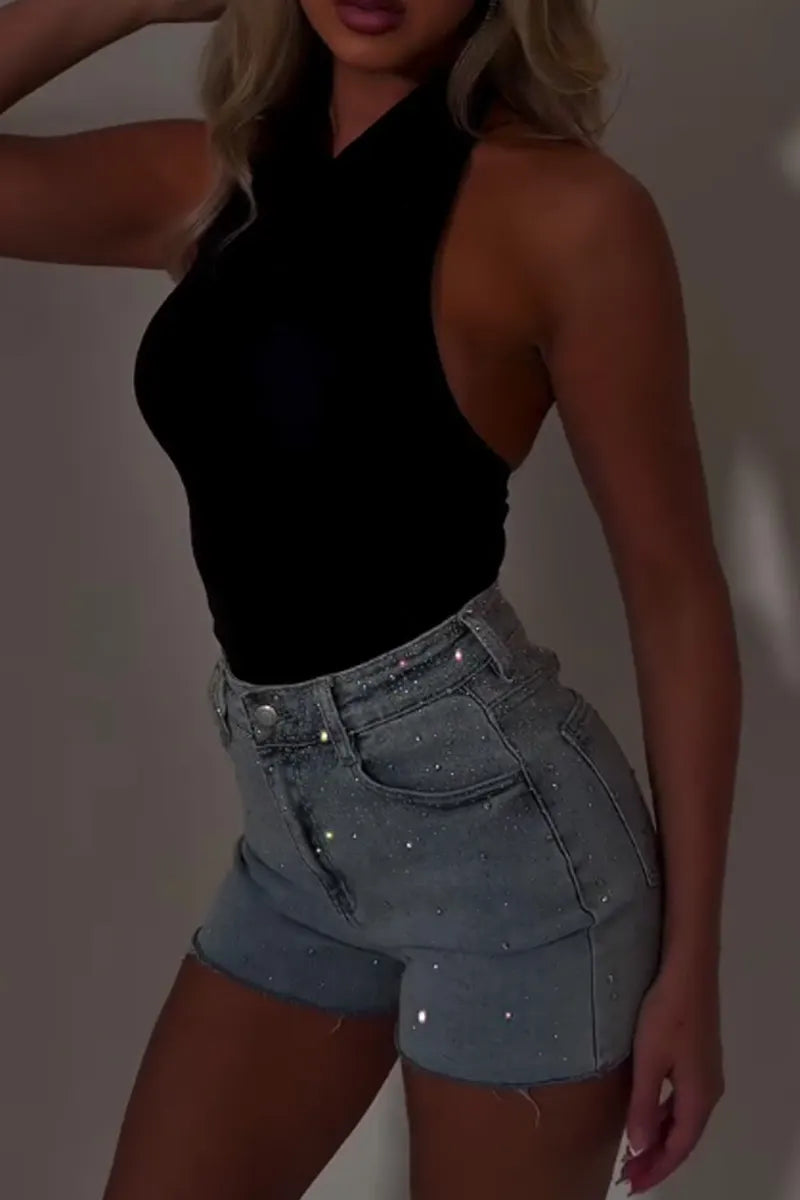 Women's High Waist Rhinestone Sprinkled Raw Hem Denim Hot Shorts