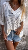 Ladies' Round Neck Hollowed Out Loose Casual Tops
