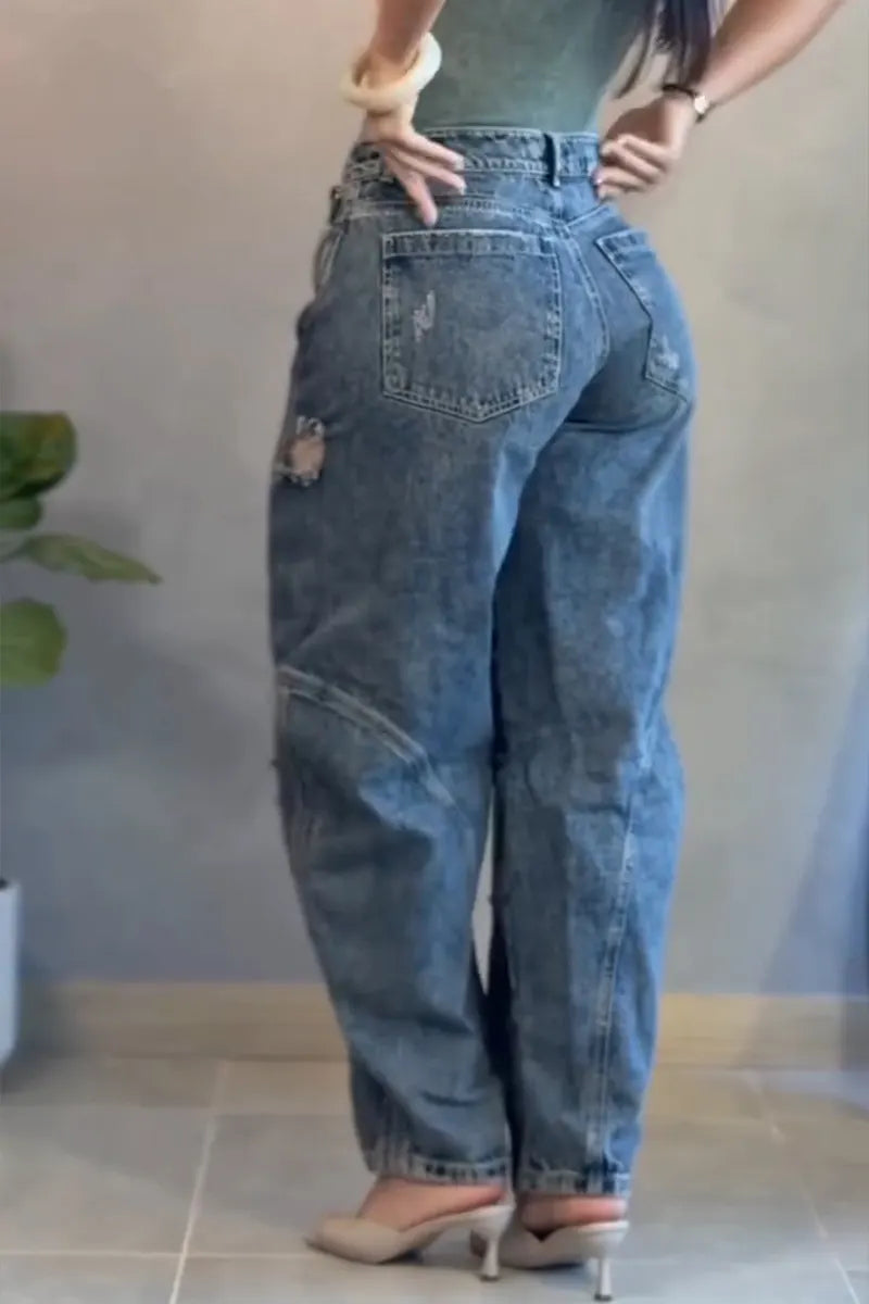 Women's Casual Ripped Wash Loose Curved Patchwork Jeans