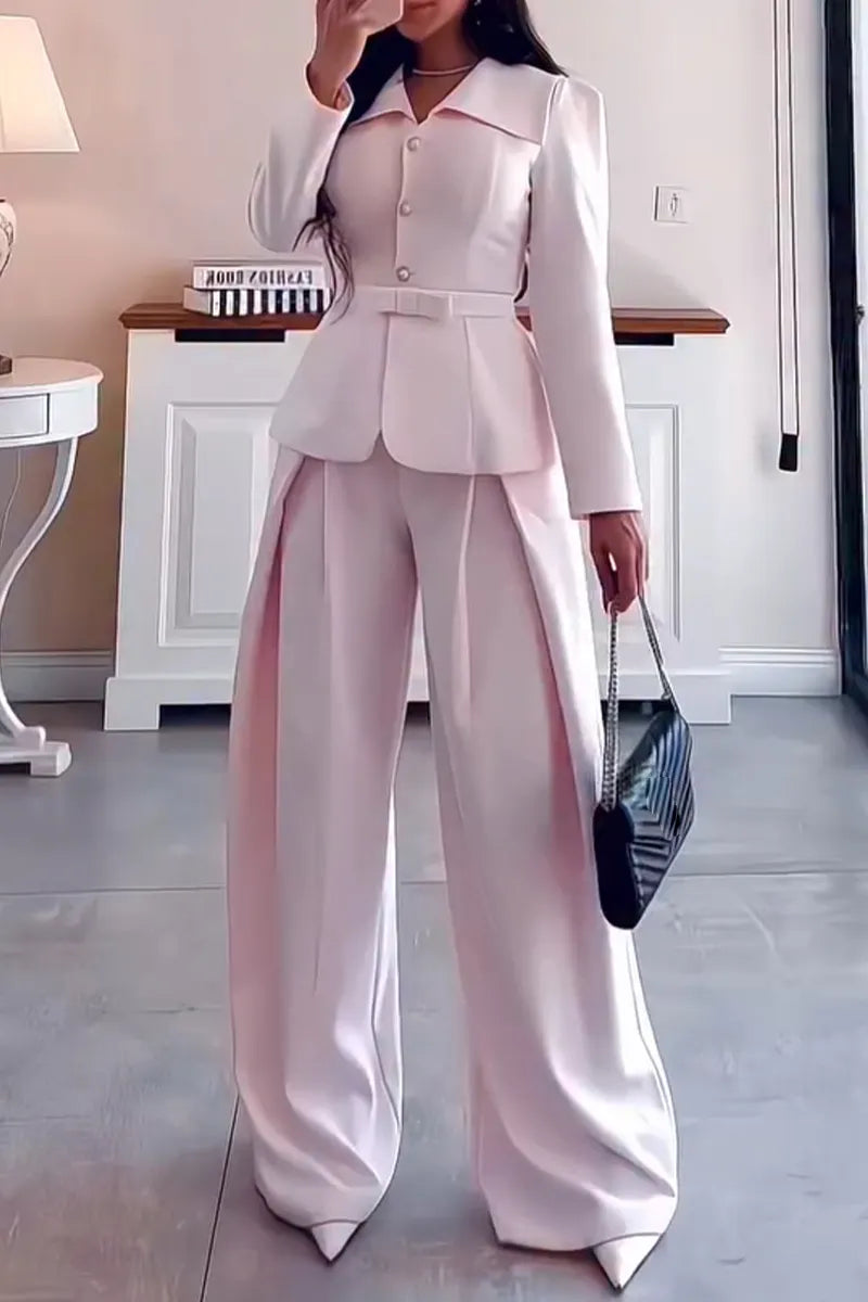 Women's Collar and Waist Cinching Jacket+ Wide Leg Pants Temperament Commuting Formal Suit