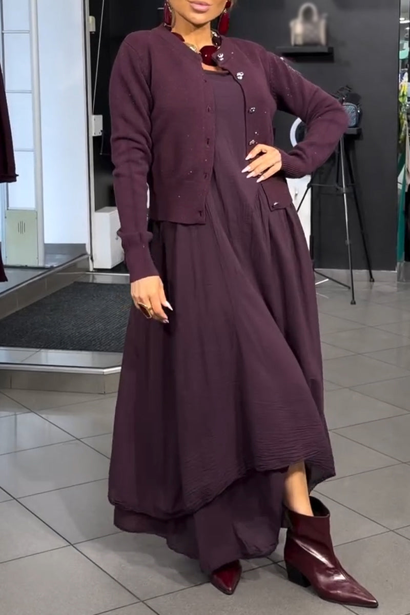 Women's Elegant Casual Round Neck Solid Color Dress or Knitted Cardigan