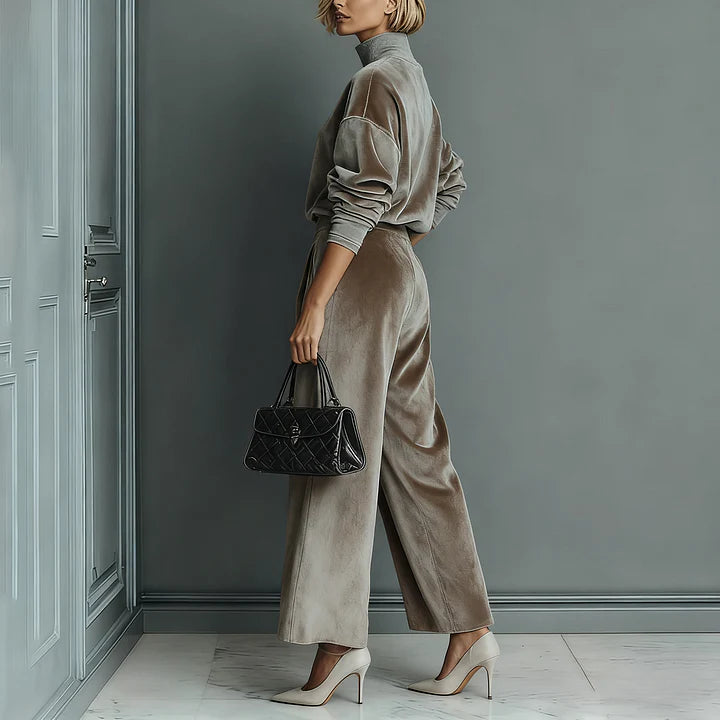 Velvet Cloud Oversized Co-ord Set: Luxe Turtleneck & Tailored Wide-Leg Pants