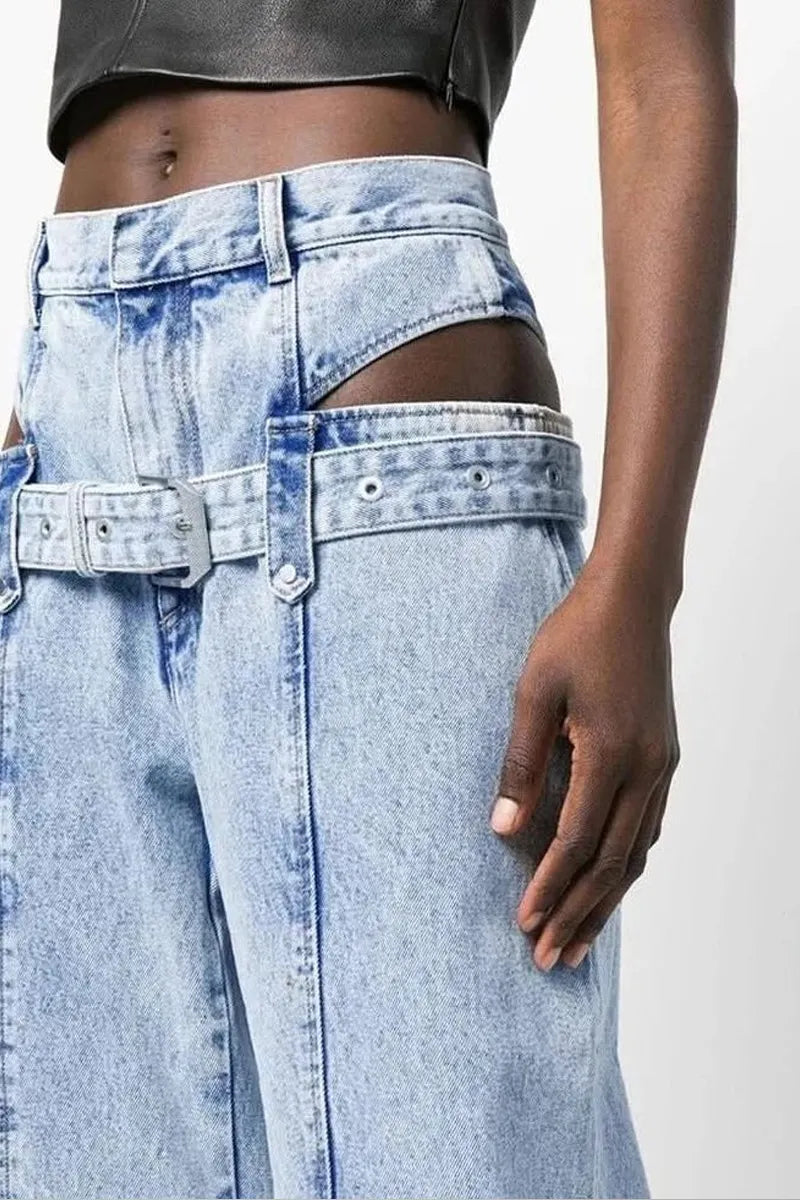 Women Vintage Acid Wash Cut Out Hip Belt Detail Stitched Seam Oversized Wide Leg Denim Trousers