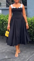 Women Square Neck Sleeveless Patchwork Waist Cinching Elegant Temperament Dress