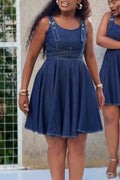 Women's U-neck Waist Cross Strap Splicing Denim Dress