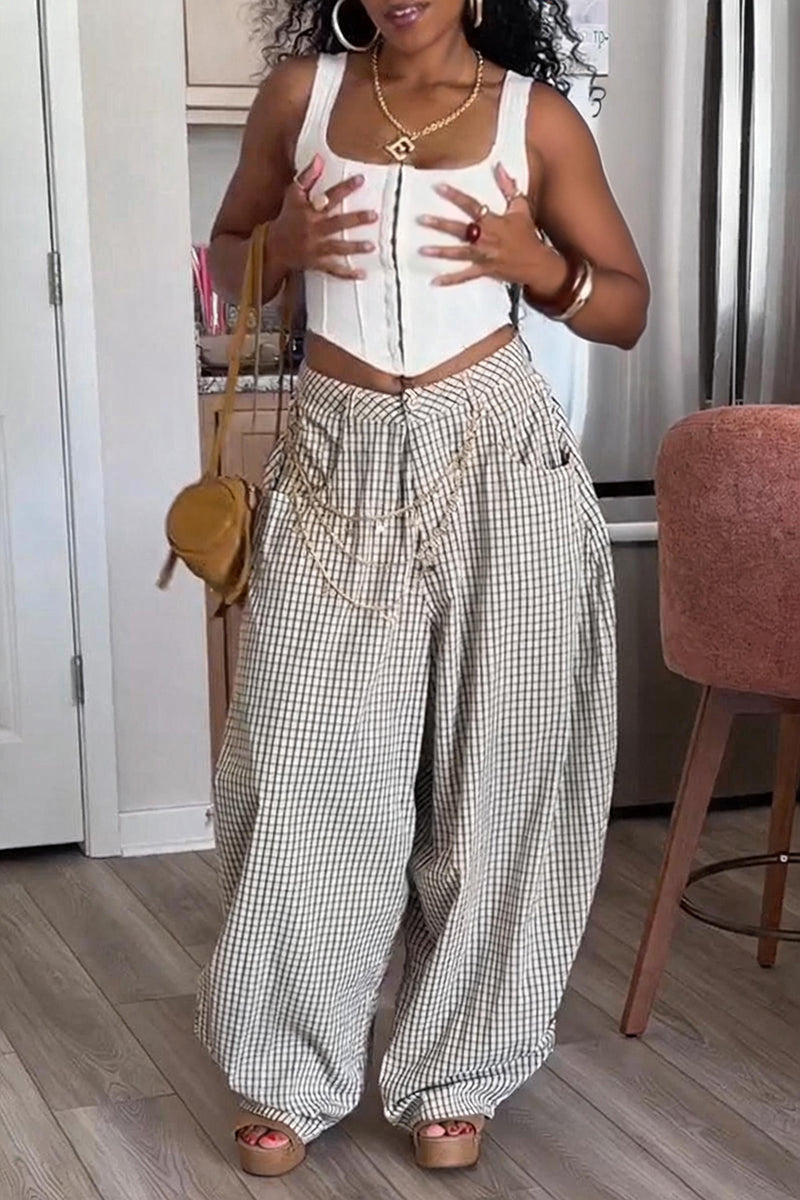 Women's Casual Plaid Versatile Wide Leg Pants