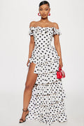 Women Polka Dot Off-Shoulder Ruffle Tiered High-Slit Maxi Dress
