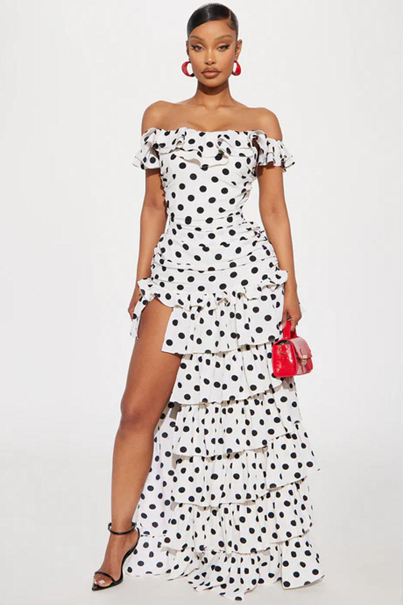 Women Polka Dot Off-Shoulder Ruffle Tiered High-Slit Maxi Dress