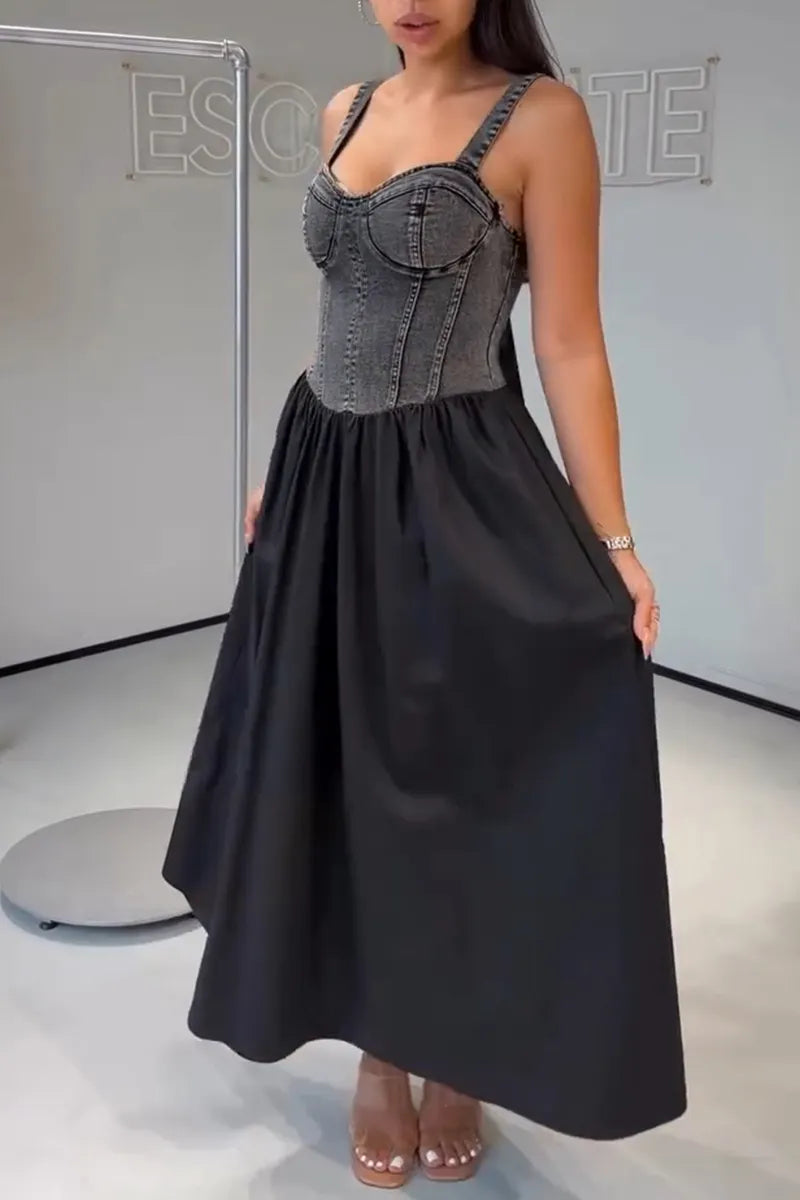 Women's Casual Denim Patchwork Maxi Dress