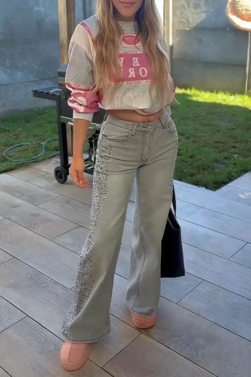 Women's Side Rhinestone Washed Casual Jeans