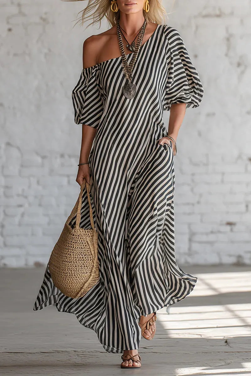 Women's Vacation Stripe Asymmetric Neckline Puff Sleeve Maxi Dress