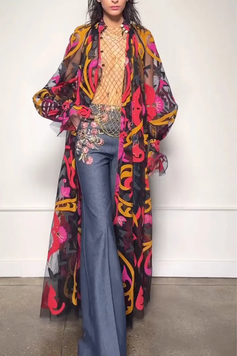 Women Printed Perspective Casual Long Cardigan