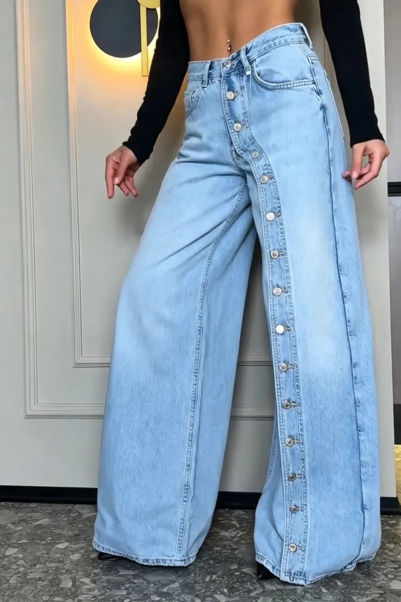 Women's Fashion Button Front Double Layer Wide-Leg Jeans