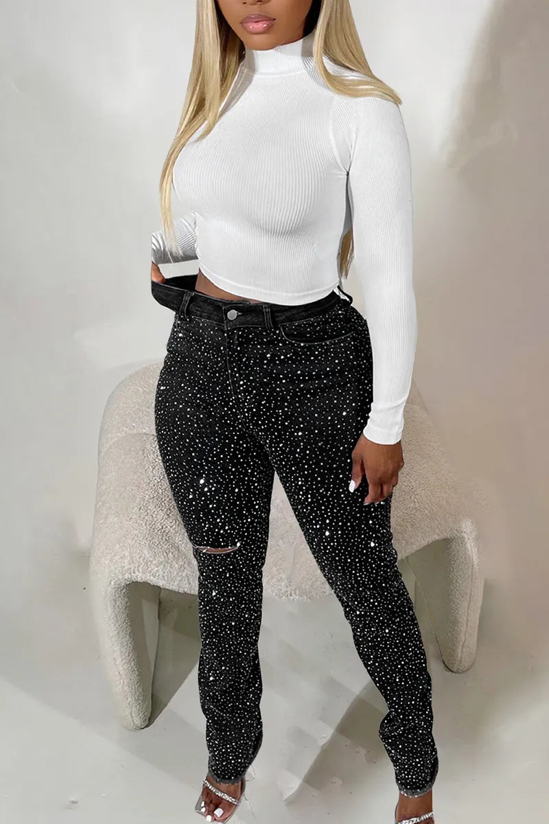 Women's Rhinestone Slim-Fit Pocket Ripped Jeans