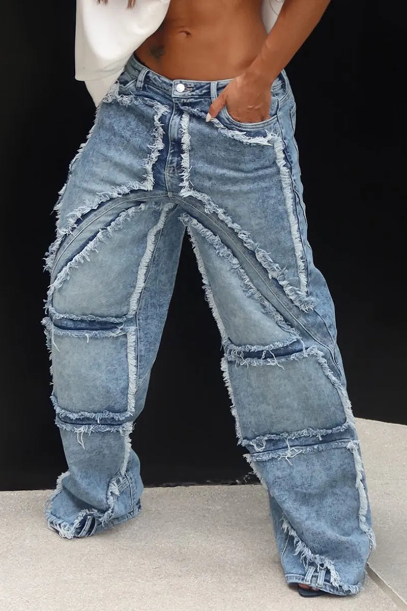 Women's Designer Panel Denim Washed Raw Hem Wide Leg Jeans