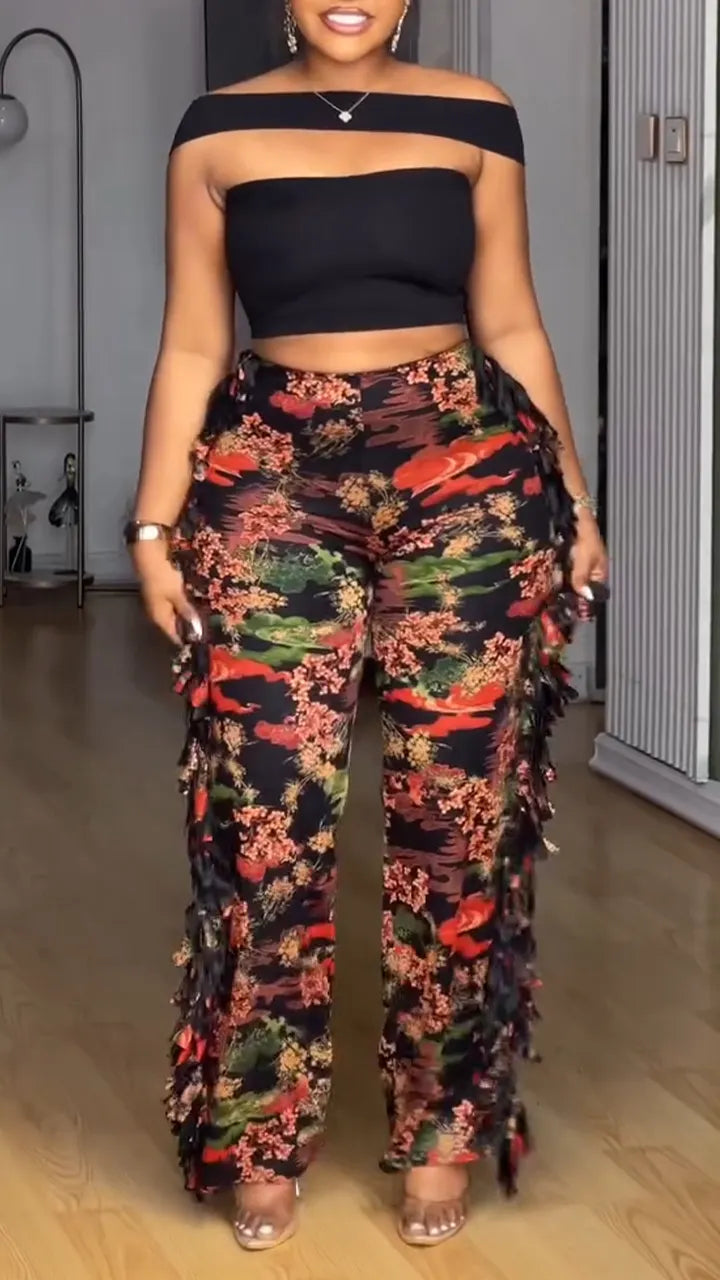 Women Strapless Top+ Patchwork Tassel Printed Pants Casual Set