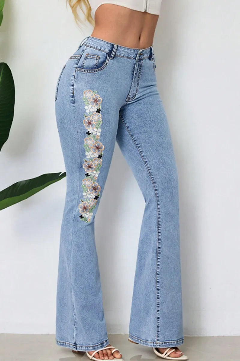 Women's Vintage Embroidery Flared High Waist Jeans