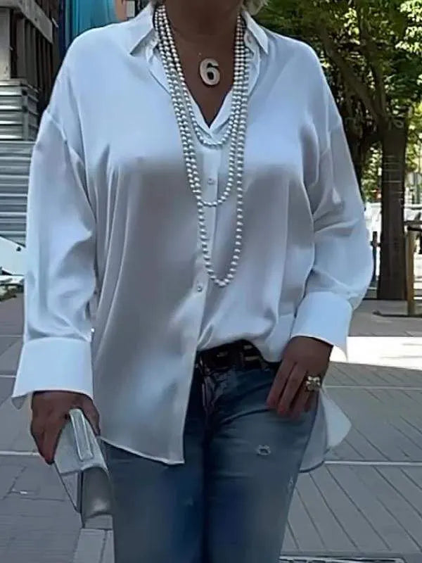 Women Casual Lapel Solid Satin Shirt