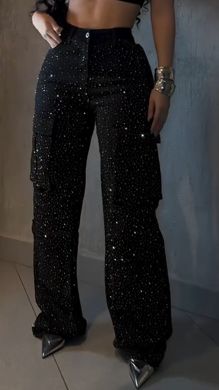 Women's Rhinestone Loose Casual Cargo Jeans
