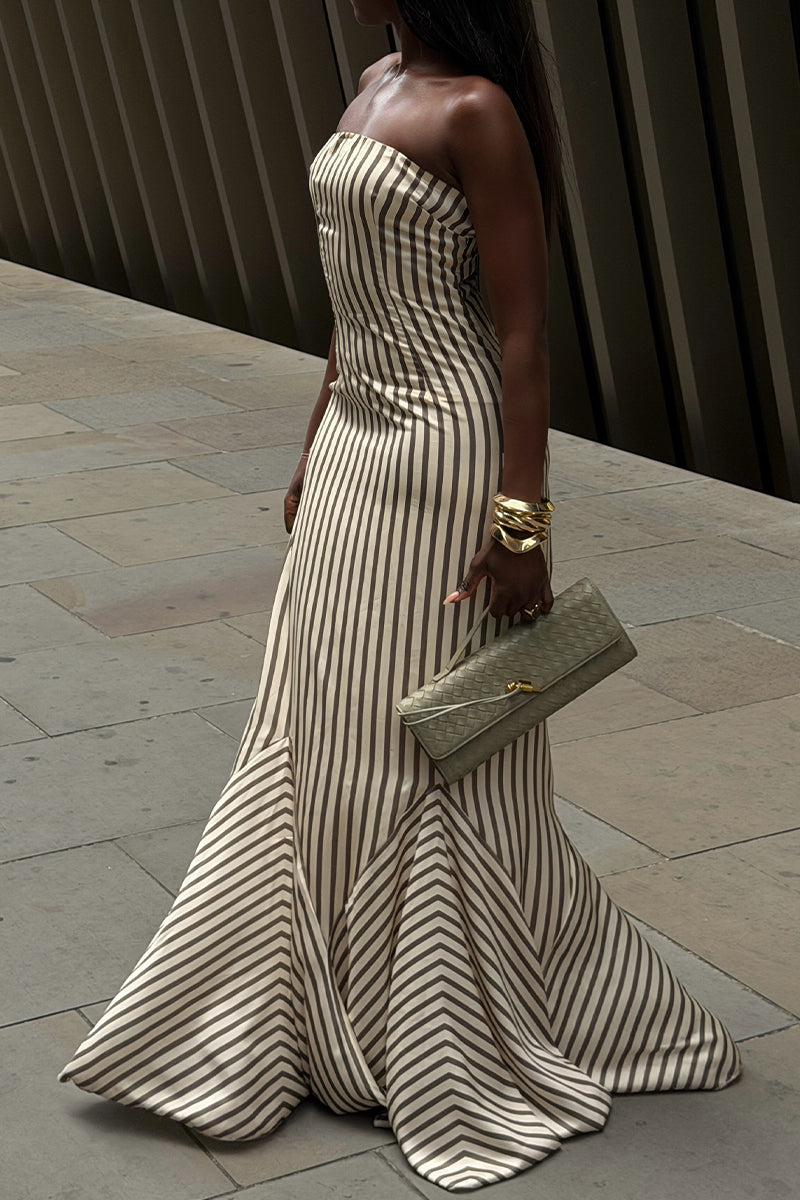 Women's Elegant Strapless Stripe Hem Patchwork Maxi Dress