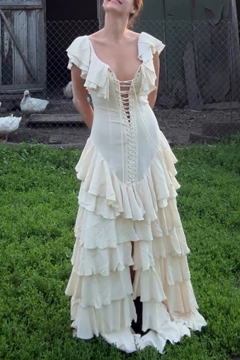 Women's Elegant Tiered Hem Lace-Up Maxi Dress