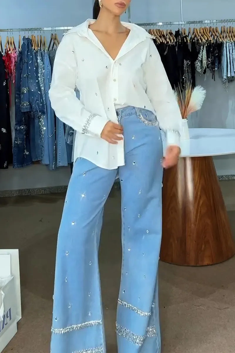 Women's Fashion Commuter Rhinestone Shirts or Wide Leg Jeans