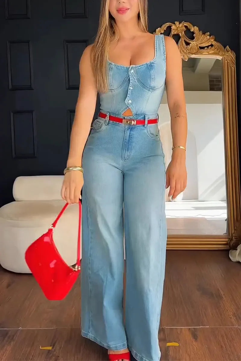 Women's U-neck Patchwork Washed Casual Denim Jumpsuit