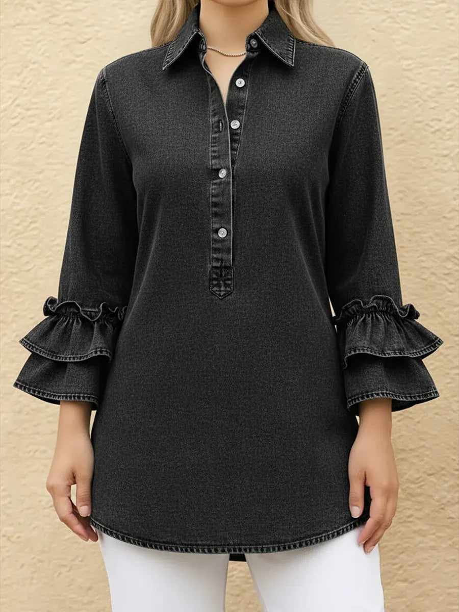 Women's Relaxed Fit Denim Shirt With Ruffled Cuffs