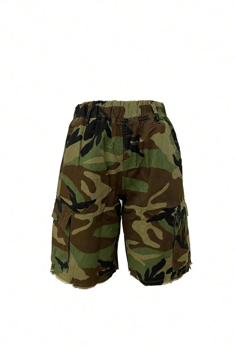 Women Oversized Camouflage Studded Cargo Shorts All Over Rhinestone Hem Detail Utility Bermudas