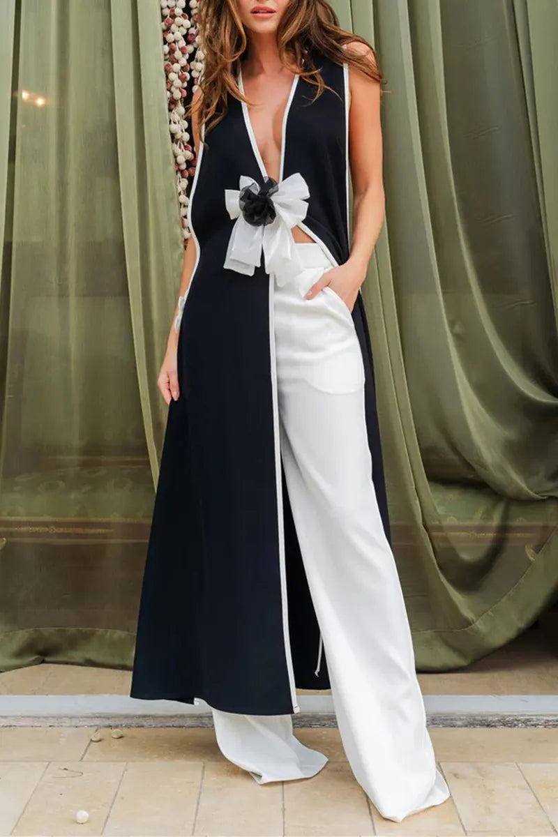 Women's Fashion Color Block Fabric Edge Vest Pants Two-Piece Set