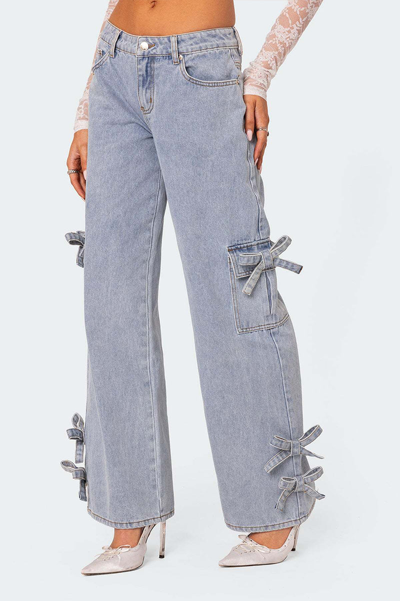 Women's Heavy Wash Ribbon Bow Jeans