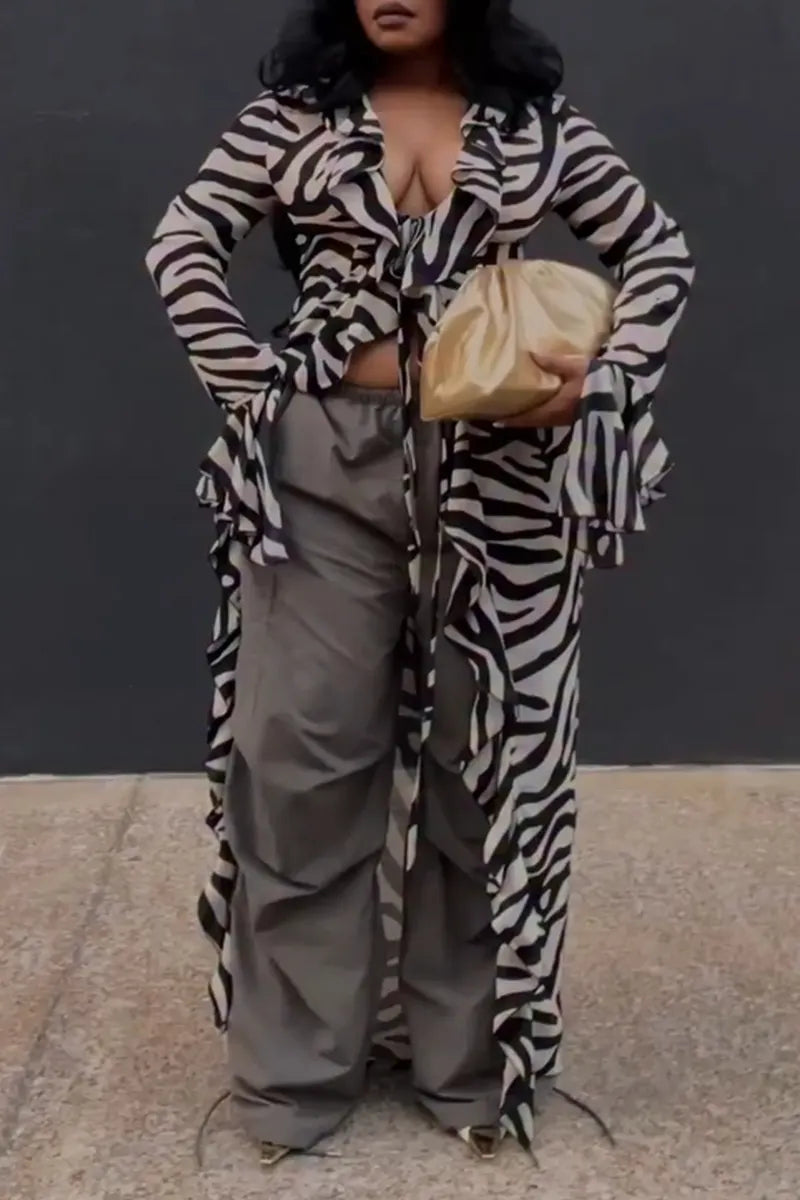 Women Collar Zebra Patterned Irregular Casual Long Top
